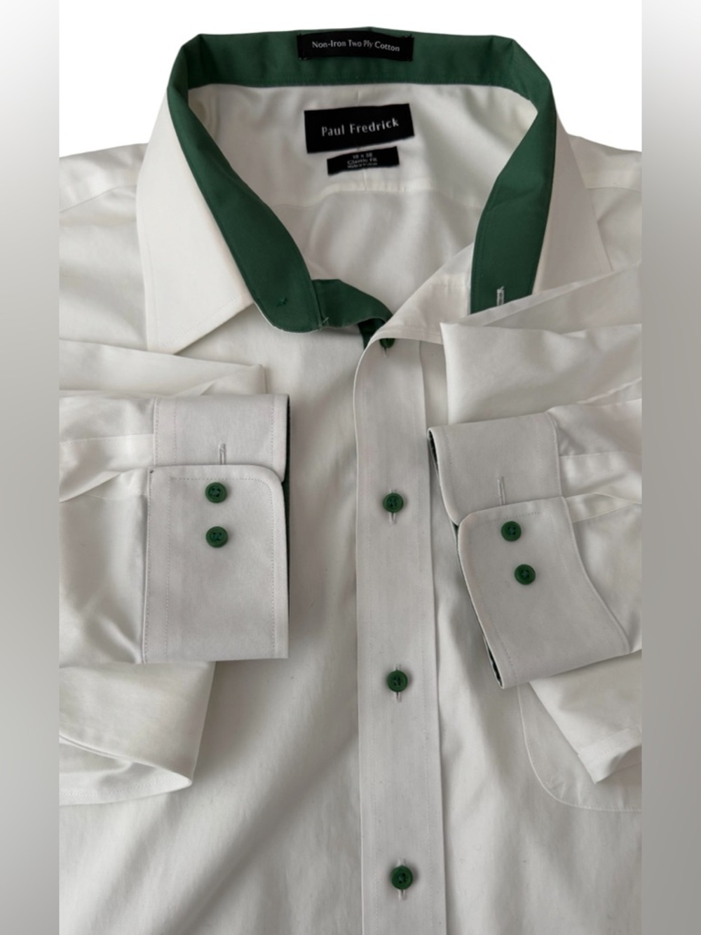 Paul Fredrick White Dress Shirt with Green Trim and Buttons (004)